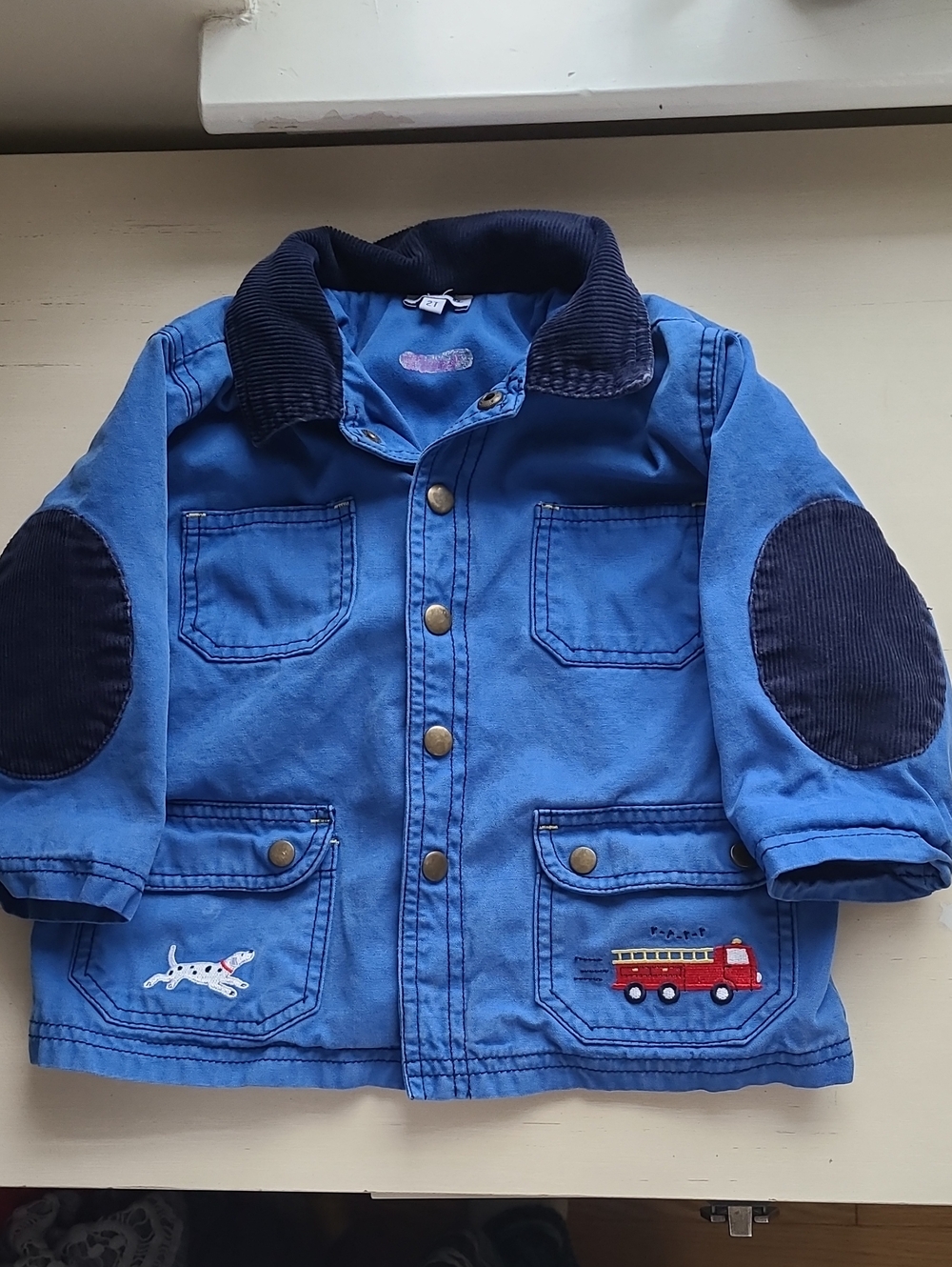 Kids Blue Corduroy-Collar Jacket with Fire Truck Patch